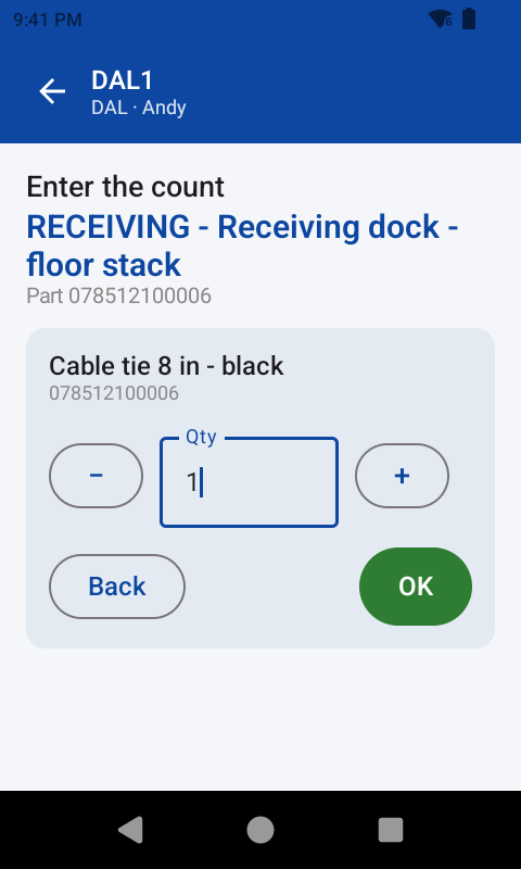 The count screen: bin RECEIVING, part 078512100006 named back as Cable tie 8 in - black, and a quantity between large minus and plus buttons