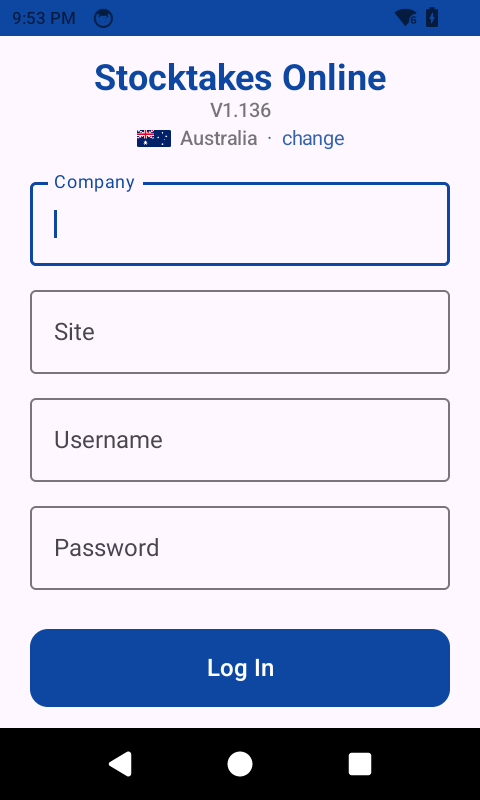 The Stocktake app login screen on a Zebra scanner after a fresh install, with the version and chosen portal shown above four empty boxes