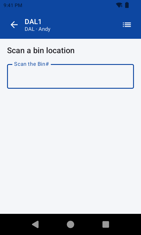 The scan a bin location screen on a Zebra scanner, with an empty entry field