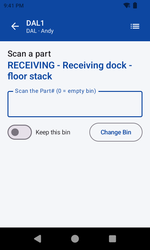 The scan a part screen, with bin RECEIVING accepted and named Receiving dock - floor stack, and the part box waiting